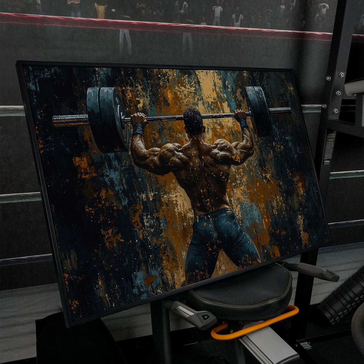 Weightlifter with Barbell Canvas Print in black floating frame