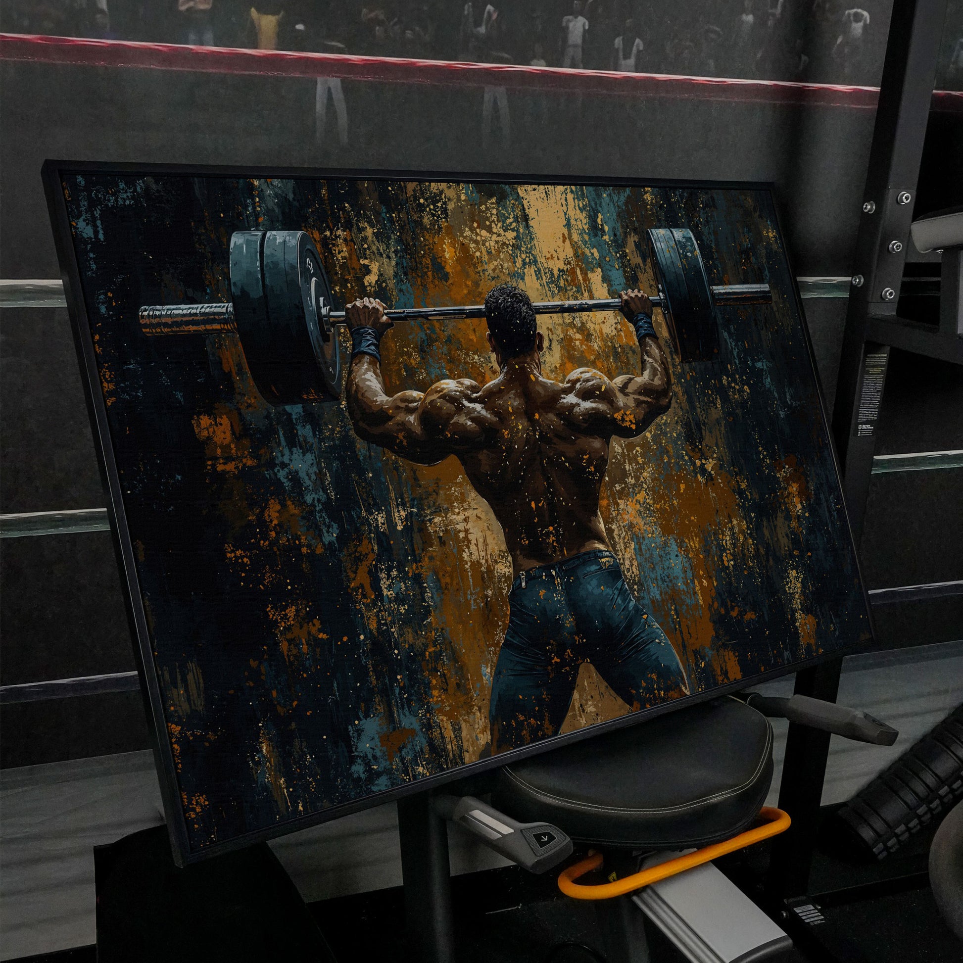 Weightlifter with Barbell Canvas Print in black floating frame