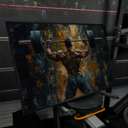 Weightlifter with Barbell Canvas Print in black floating frame