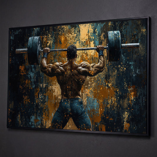 Weightlifter with Barbell Canvas Print shown in black floating frame