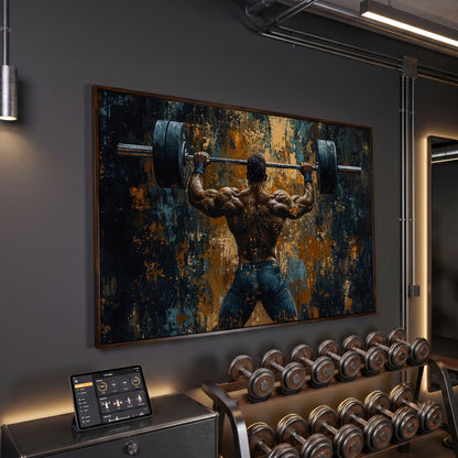 Weightlifter with Barbell Canvas Print in dark walnut floating frame