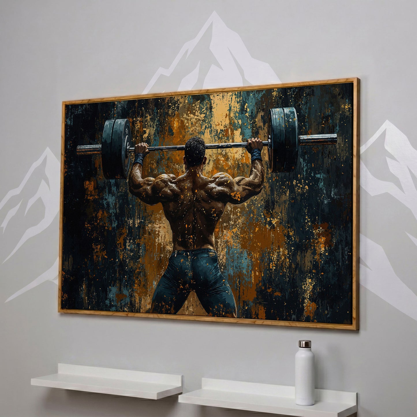Weightlifter with Barbell Canvas Print in white oak floating frame