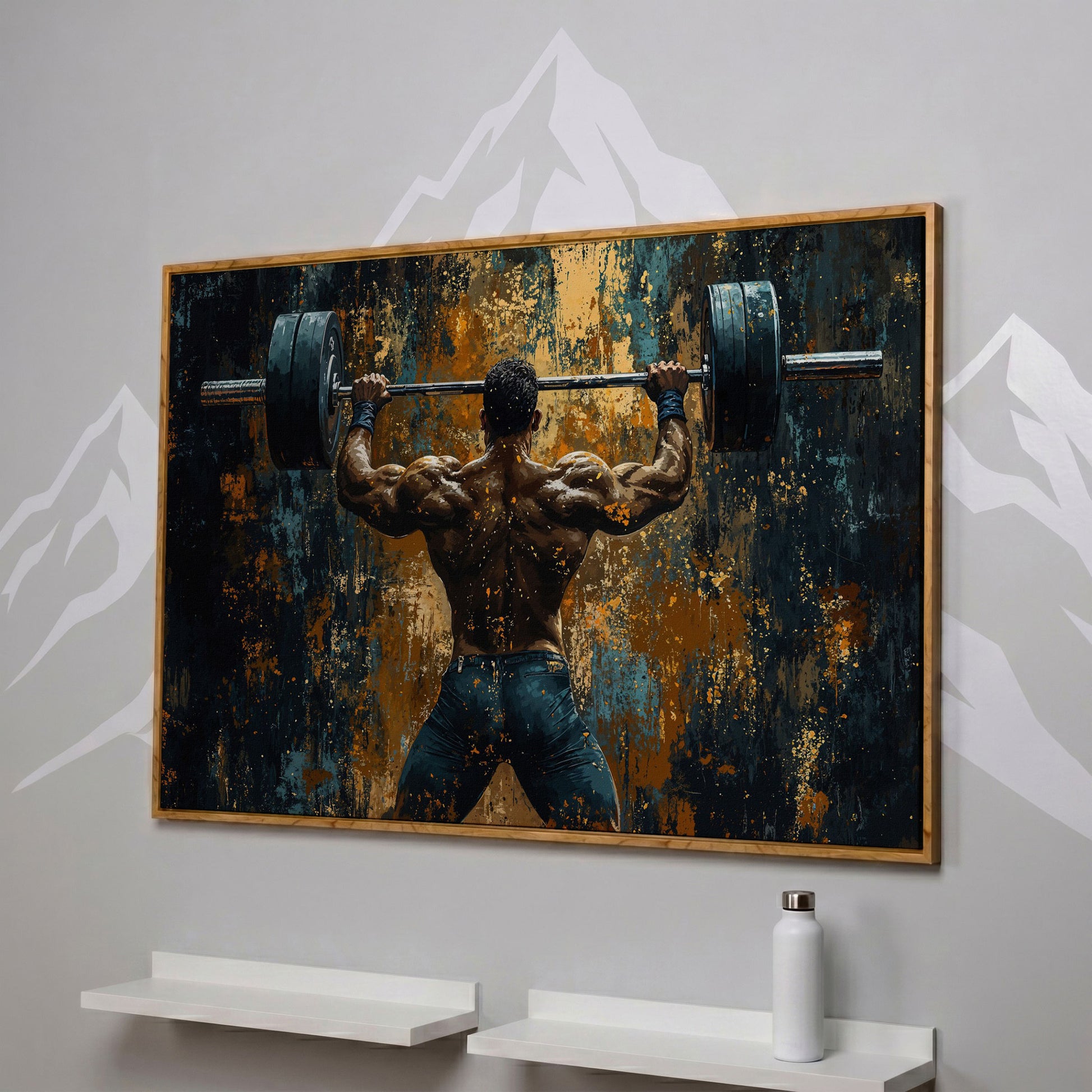 Weightlifter with Barbell Canvas Print in white oak floating frame
