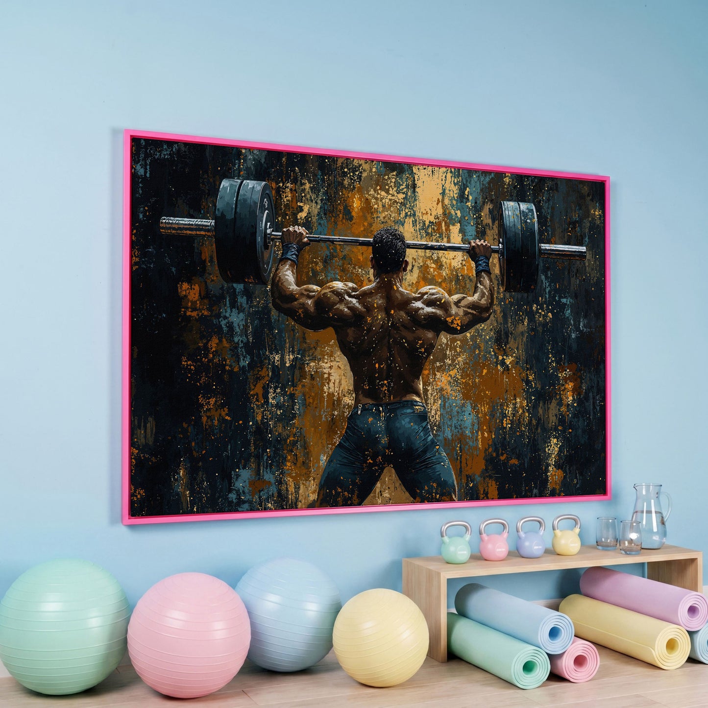 Weightlifter with Barbell Canvas Print in pink floating frame