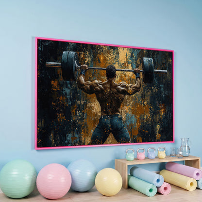Weightlifter with Barbell Canvas Print in pink floating frame