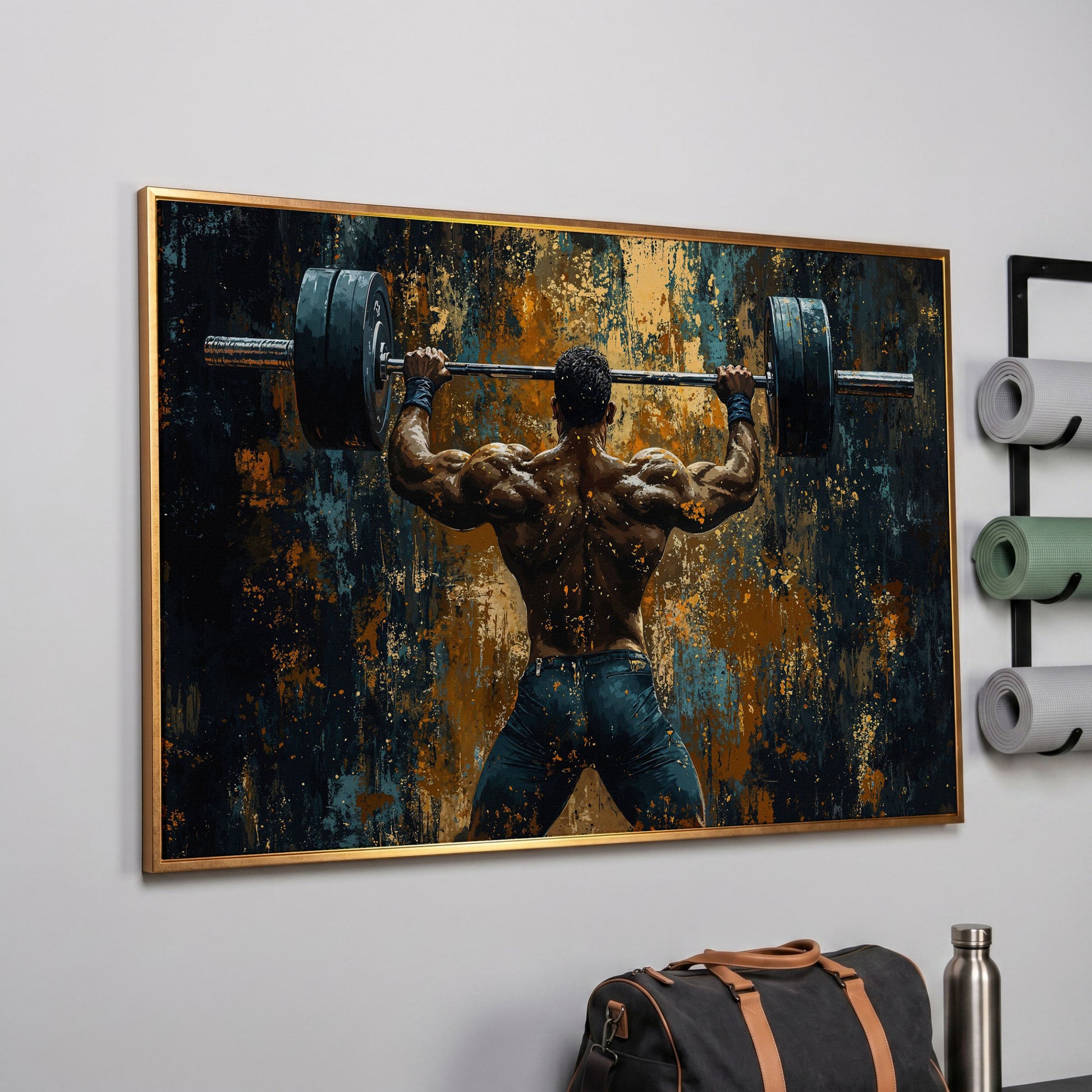 Weightlifter with Barbell Canvas Print in rose gold floating frame