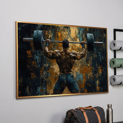 Weightlifter with Barbell Canvas Print in rose gold floating frame