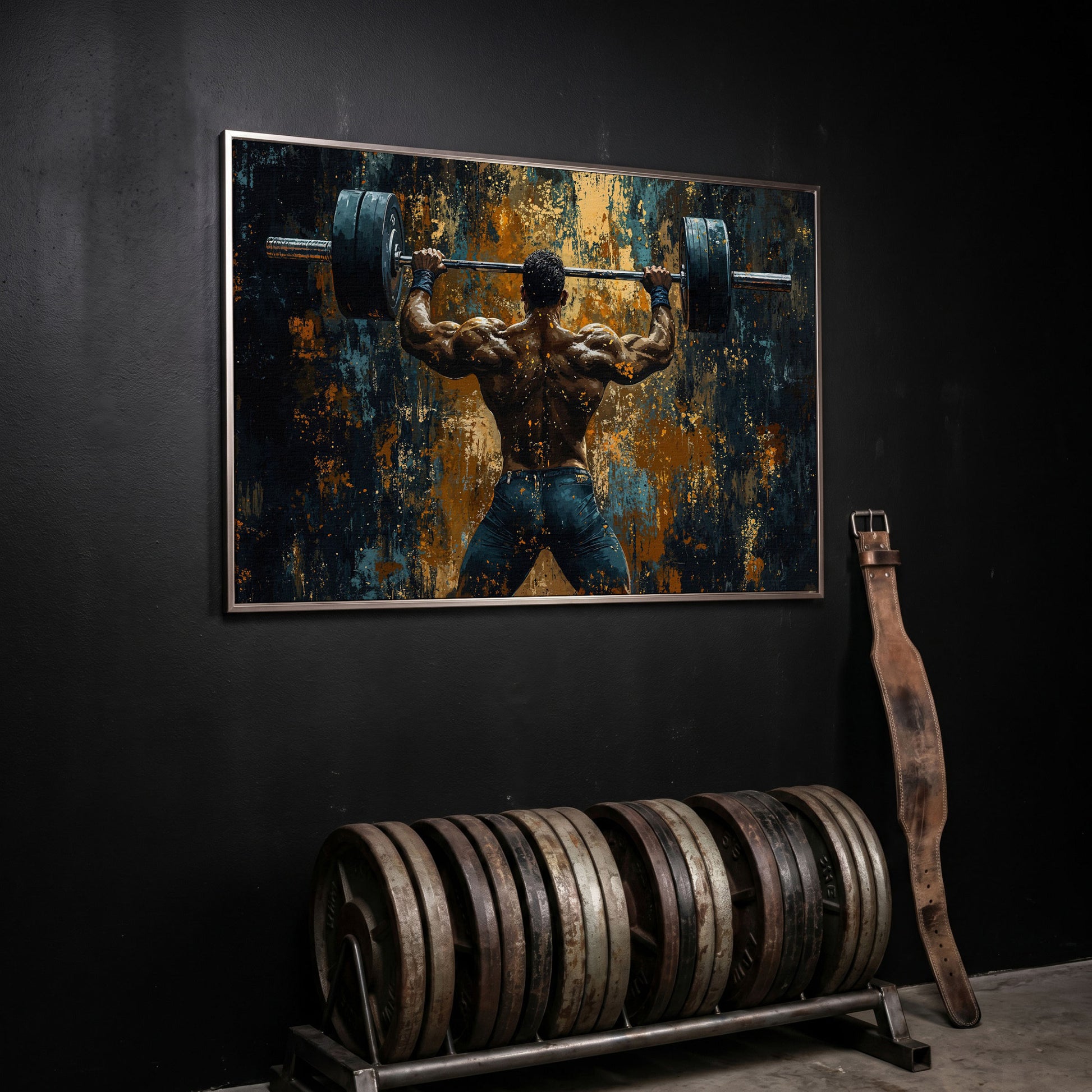 Weightlifter with Barbell Canvas Print in silver floating frame