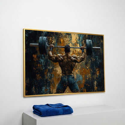 Weightlifter with Barbell Canvas Print in yellow gold floating frame