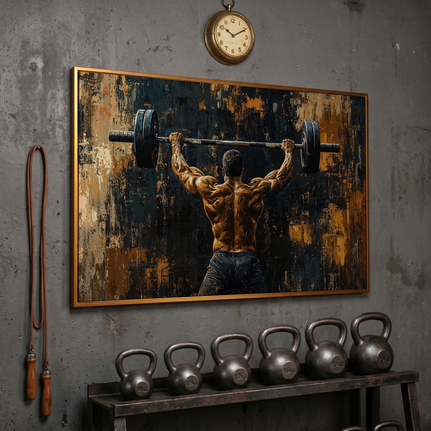 Strongman with Barbell Canvas Print in antique gold floating frame