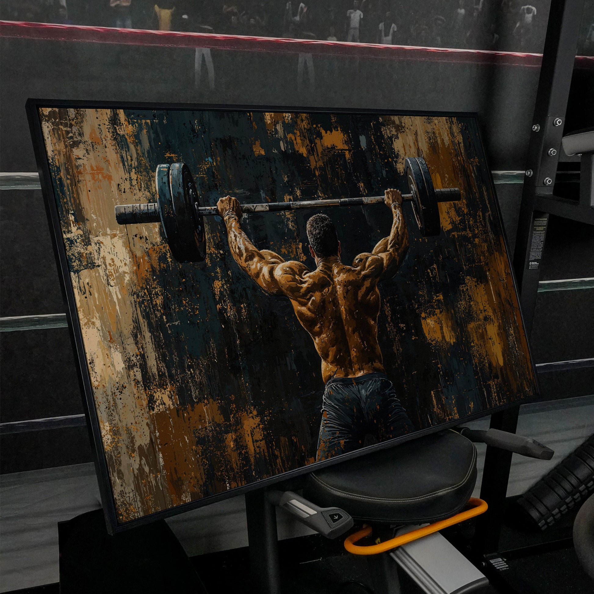 Strongman with Barbell Canvas Print in black floating frame