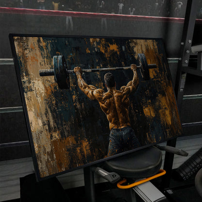 Strongman with Barbell Canvas Print in black floating frame