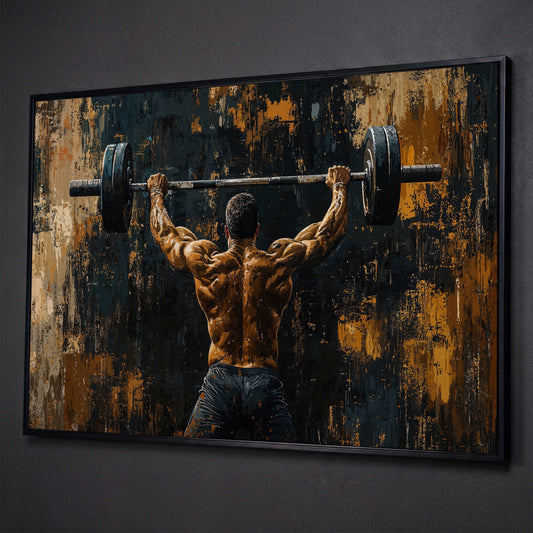 Strongman with Barbell Canvas Print shown in black floating frame
