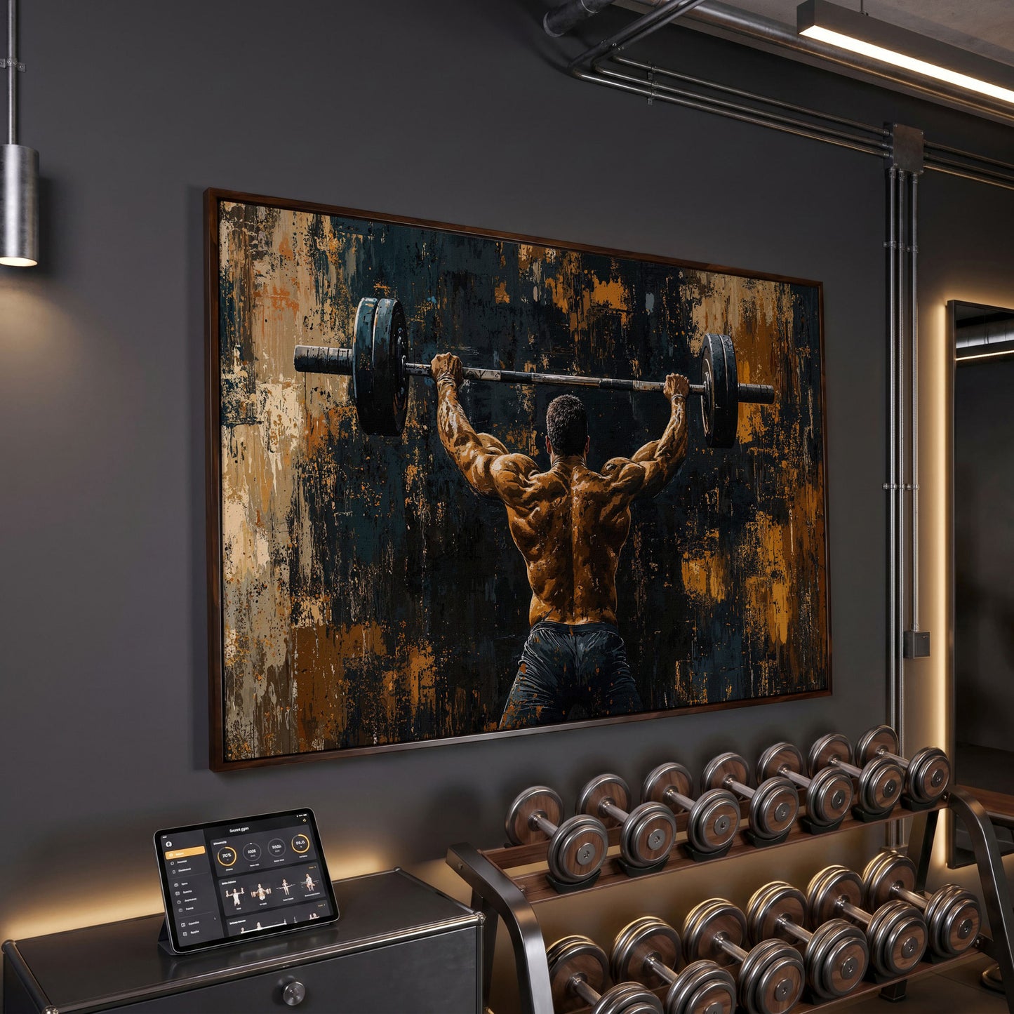 Strongman with Barbell Canvas Print in dark walnut floating frame