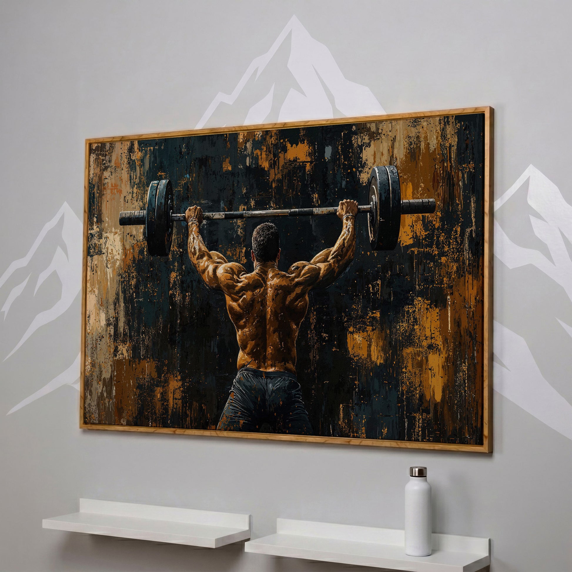 Strongman with Barbell Canvas Print in white oak floating frame