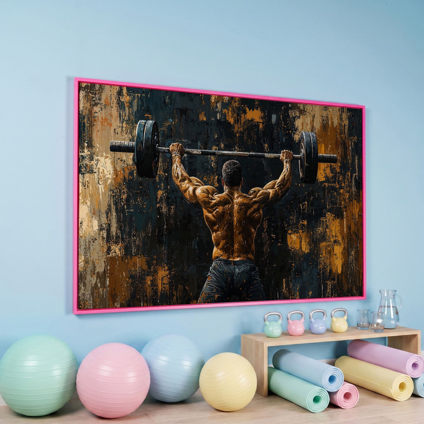 Strongman with Barbell Canvas Print in pink floating frame