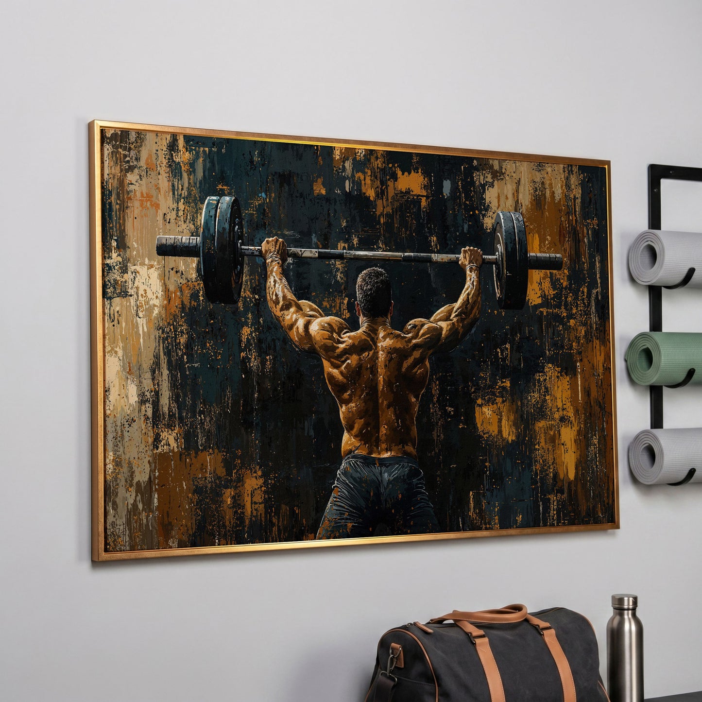 Strongman with Barbell Canvas Print in rose gold floating frame
