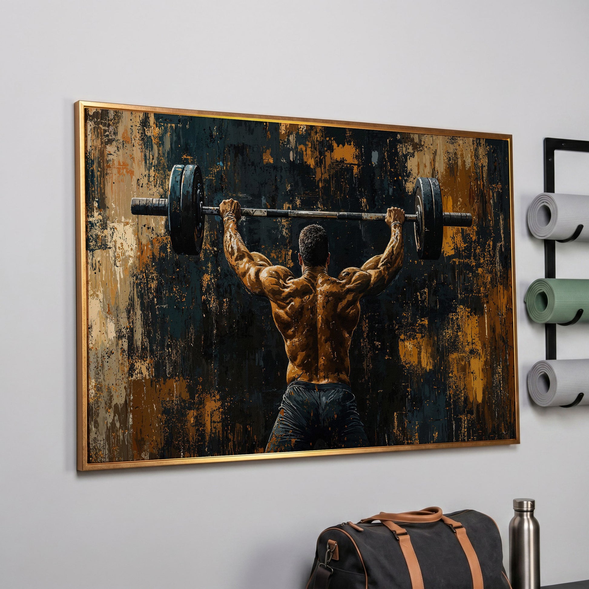Strongman with Barbell Canvas Print in rose gold floating frame