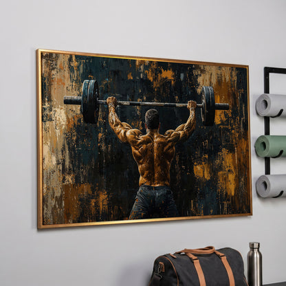 Strongman with Barbell Canvas Print in rose gold floating frame