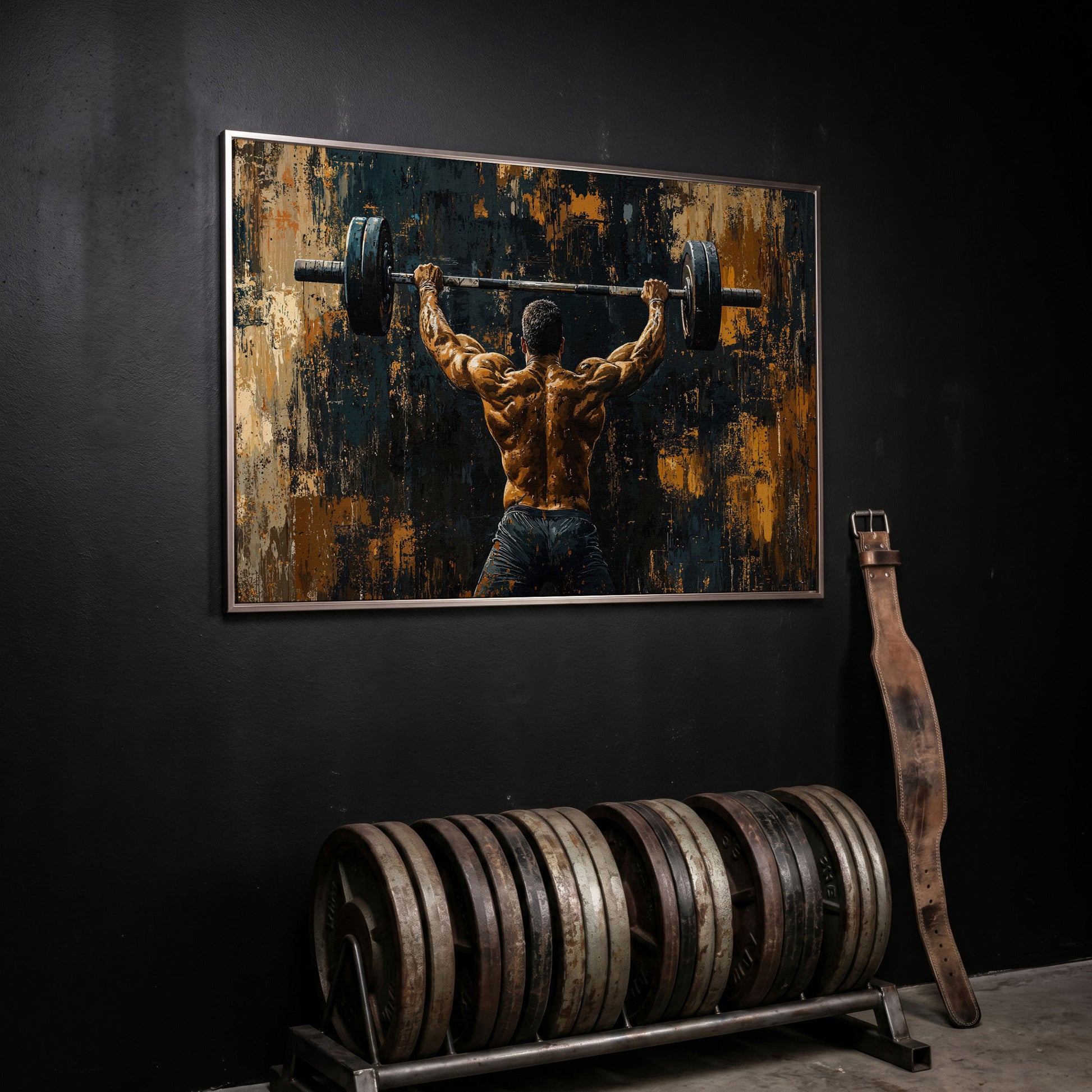 Strongman with Barbell Canvas Print in silver floating frame