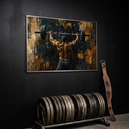 Strongman with Barbell Canvas Print in silver floating frame