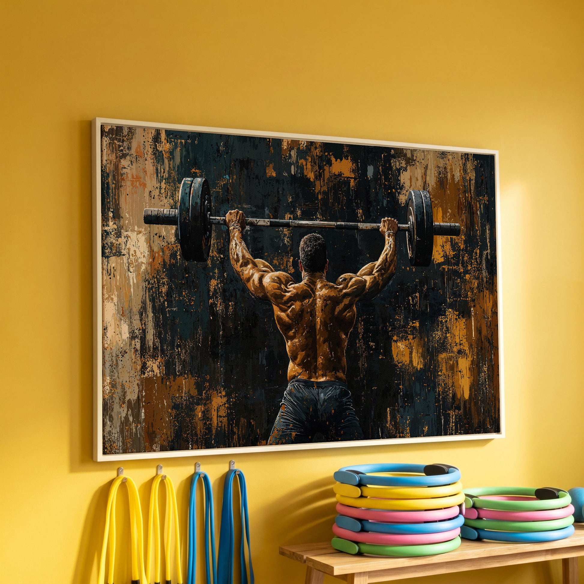 Strongman with Barbell Canvas Print in white floating frame