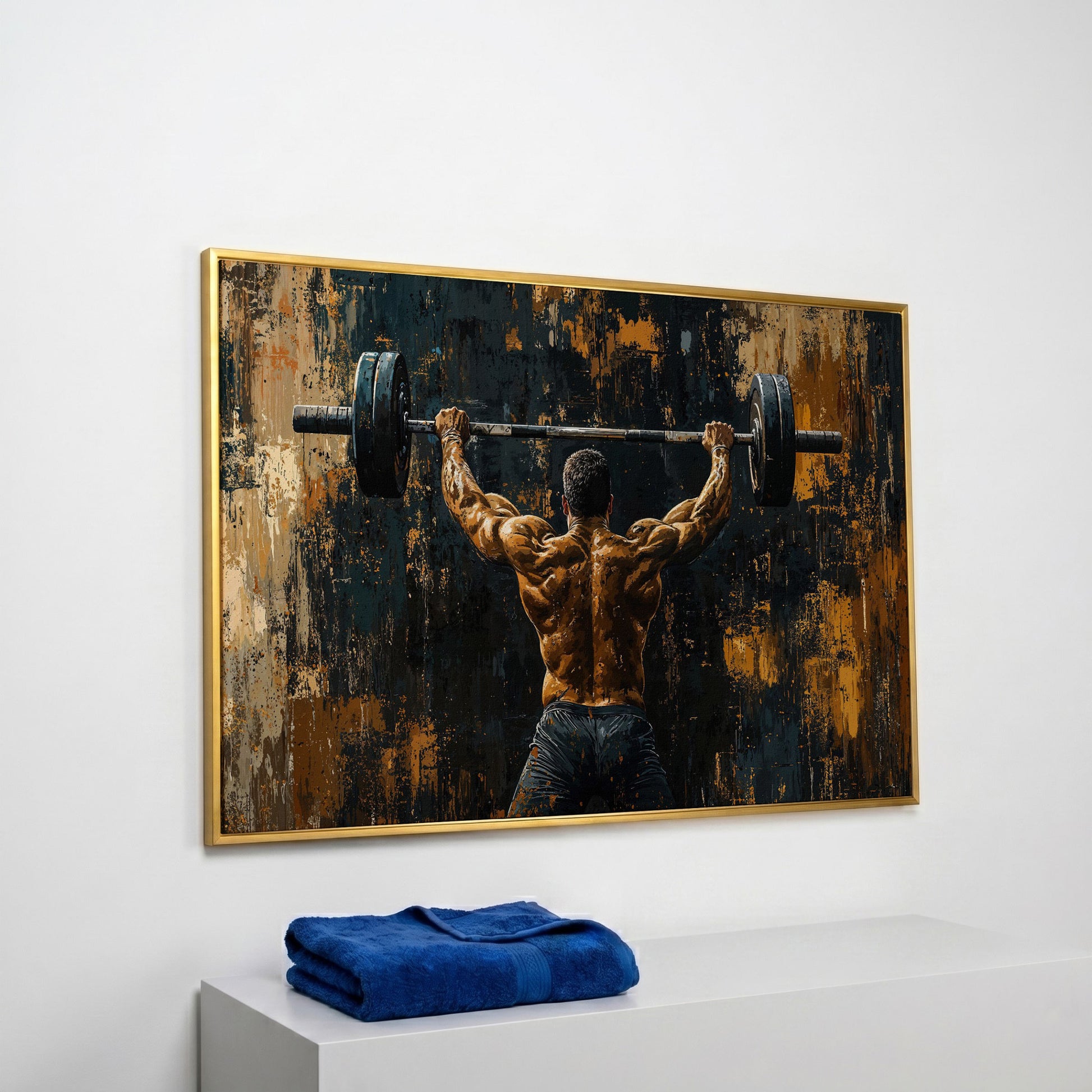 Strongman with Barbell Canvas Print in yellow gold floating frame