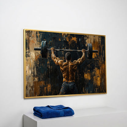 Strongman with Barbell Canvas Print in yellow gold floating frame