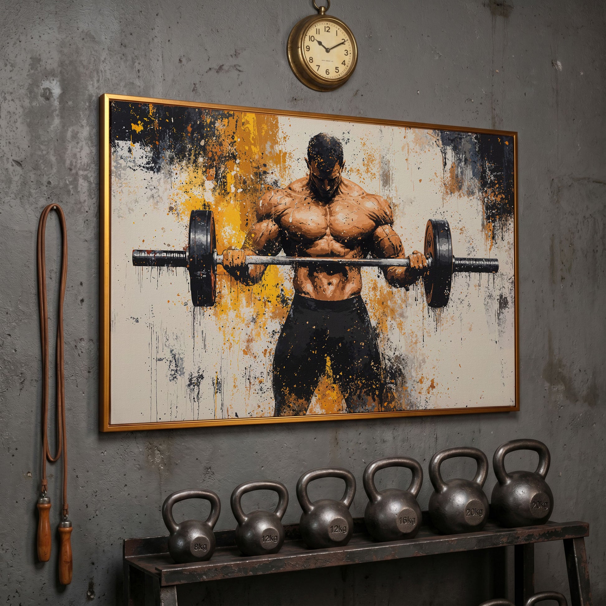 Strongman with Gold Splatter Canvas Print in antique gold floating frame