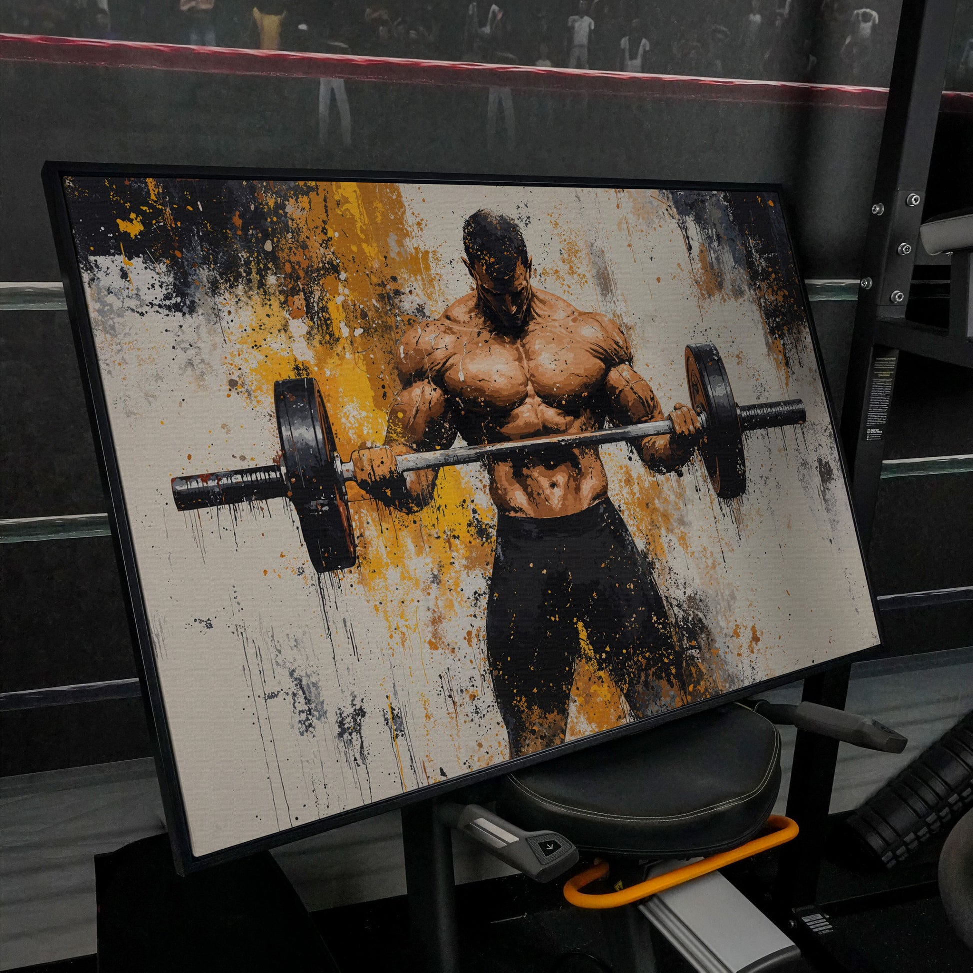 Strongman with Gold Splatter Canvas Print in black floating frame