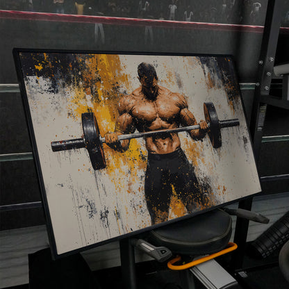 Strongman with Gold Splatter Canvas Print in black floating frame