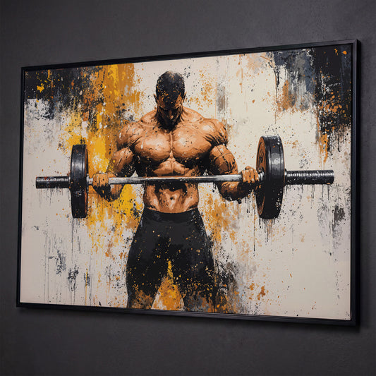 Strongman with Gold Splatter Canvas Print shown in black floating frame