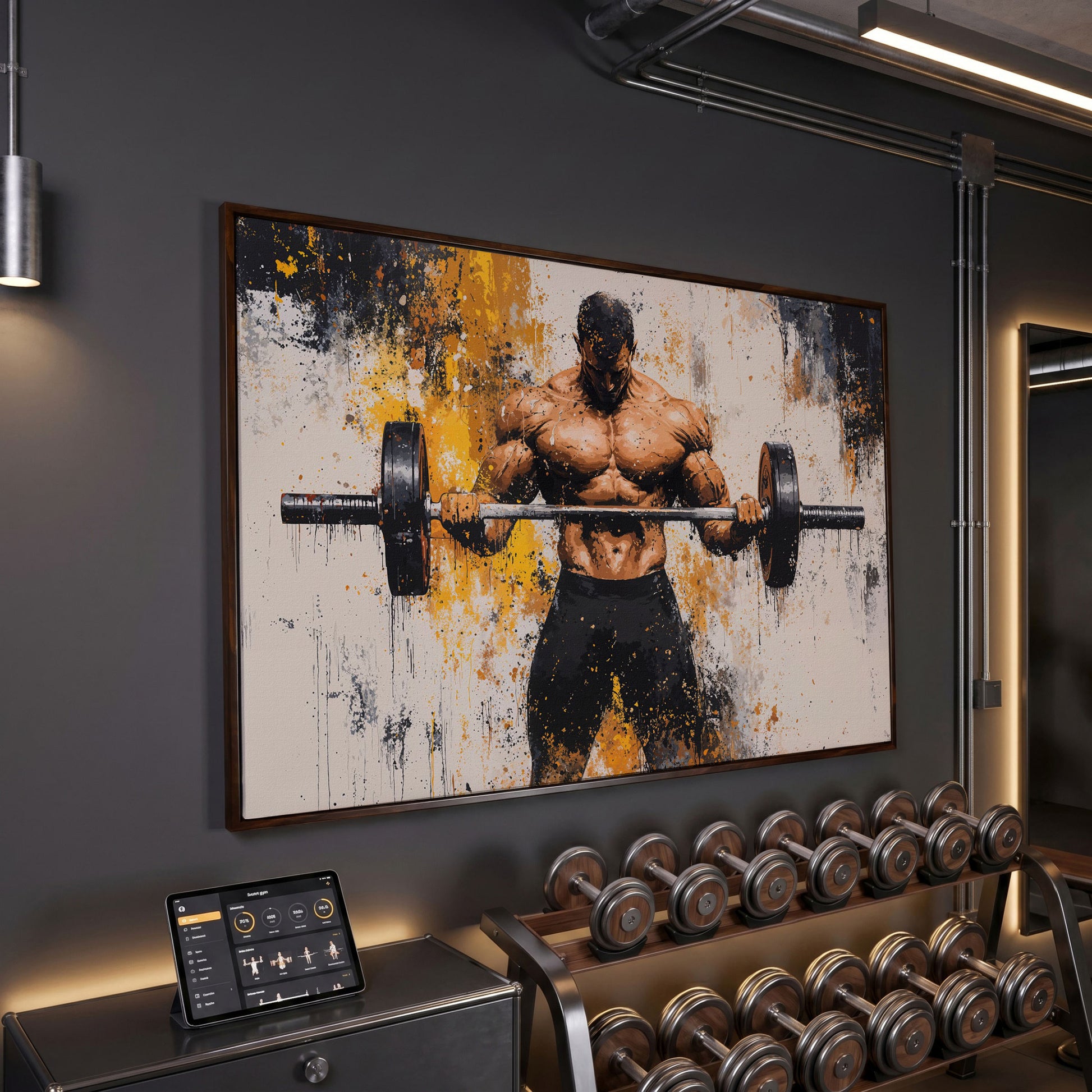 Strongman with Gold Splatter Canvas Print in dark walnut floating frame