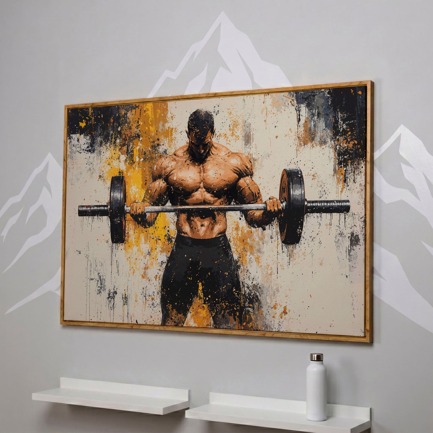 Strongman with Gold Splatter Canvas Print in white oak floating frame