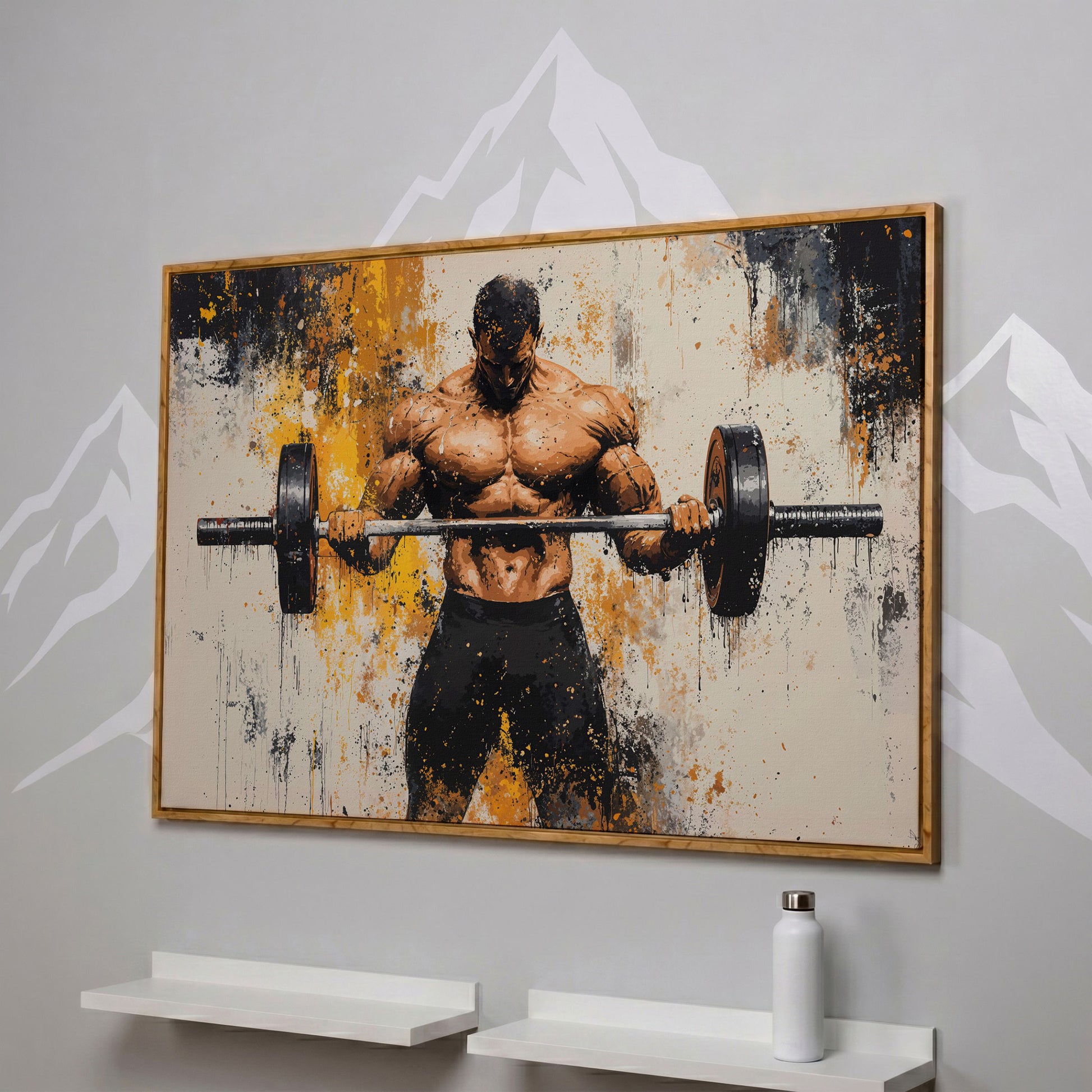 Strongman with Gold Splatter Canvas Print in white oak floating frame