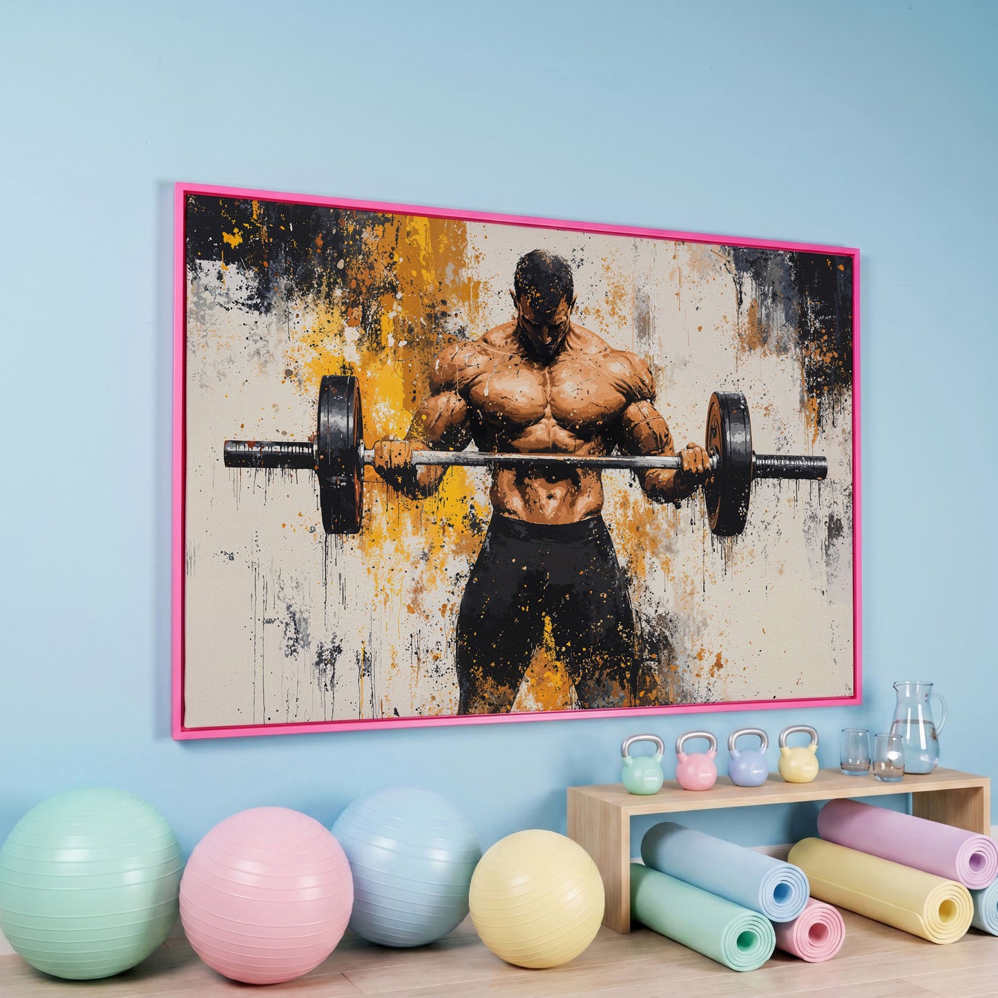 Strongman with Gold Splatter Canvas Print in pink floating frame