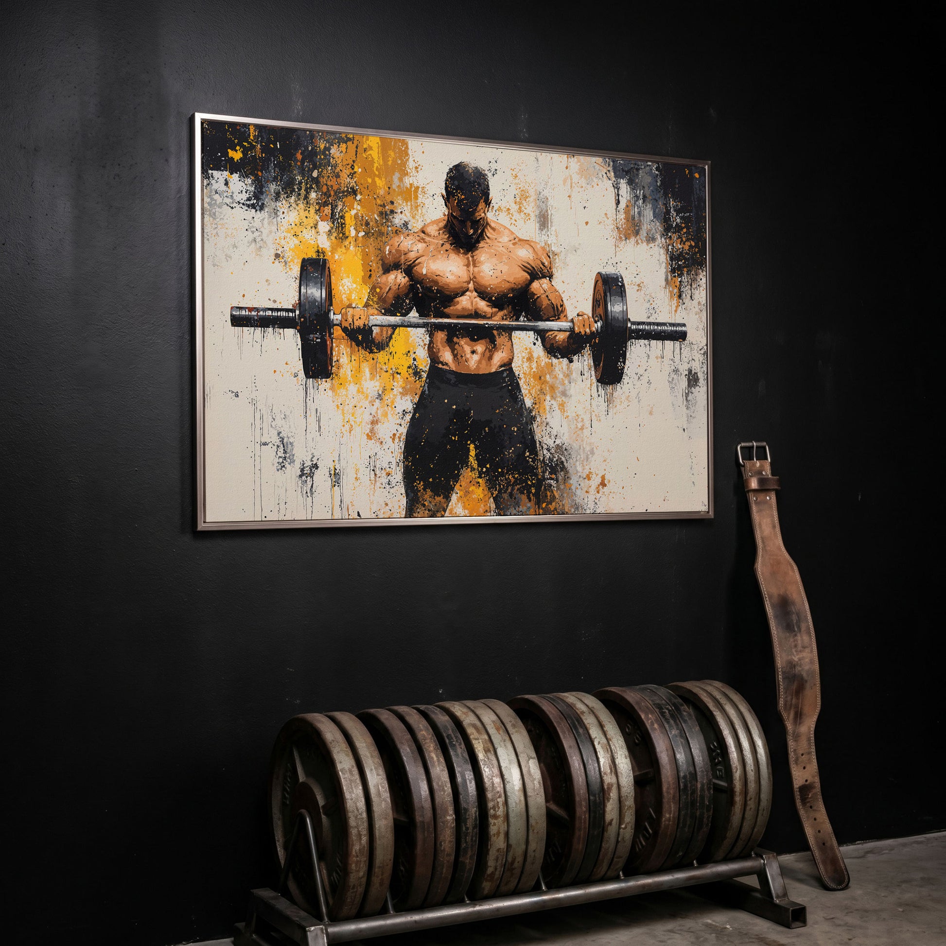 Strongman with Gold Splatter Canvas Print in silver floating frame