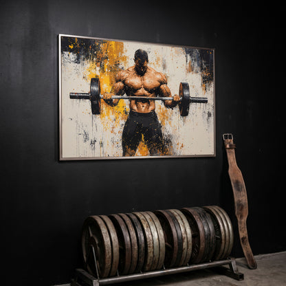 Strongman with Gold Splatter Canvas Print in silver floating frame