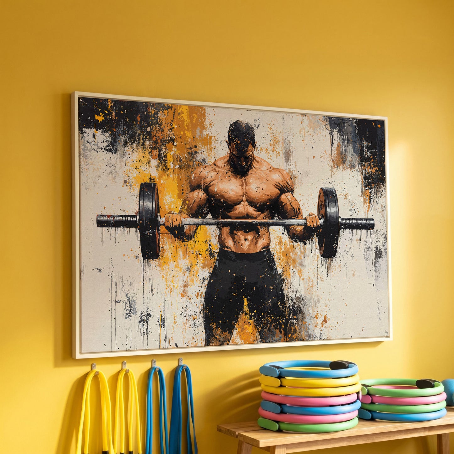 Strongman with Gold Splatter Canvas Print in white floating frame