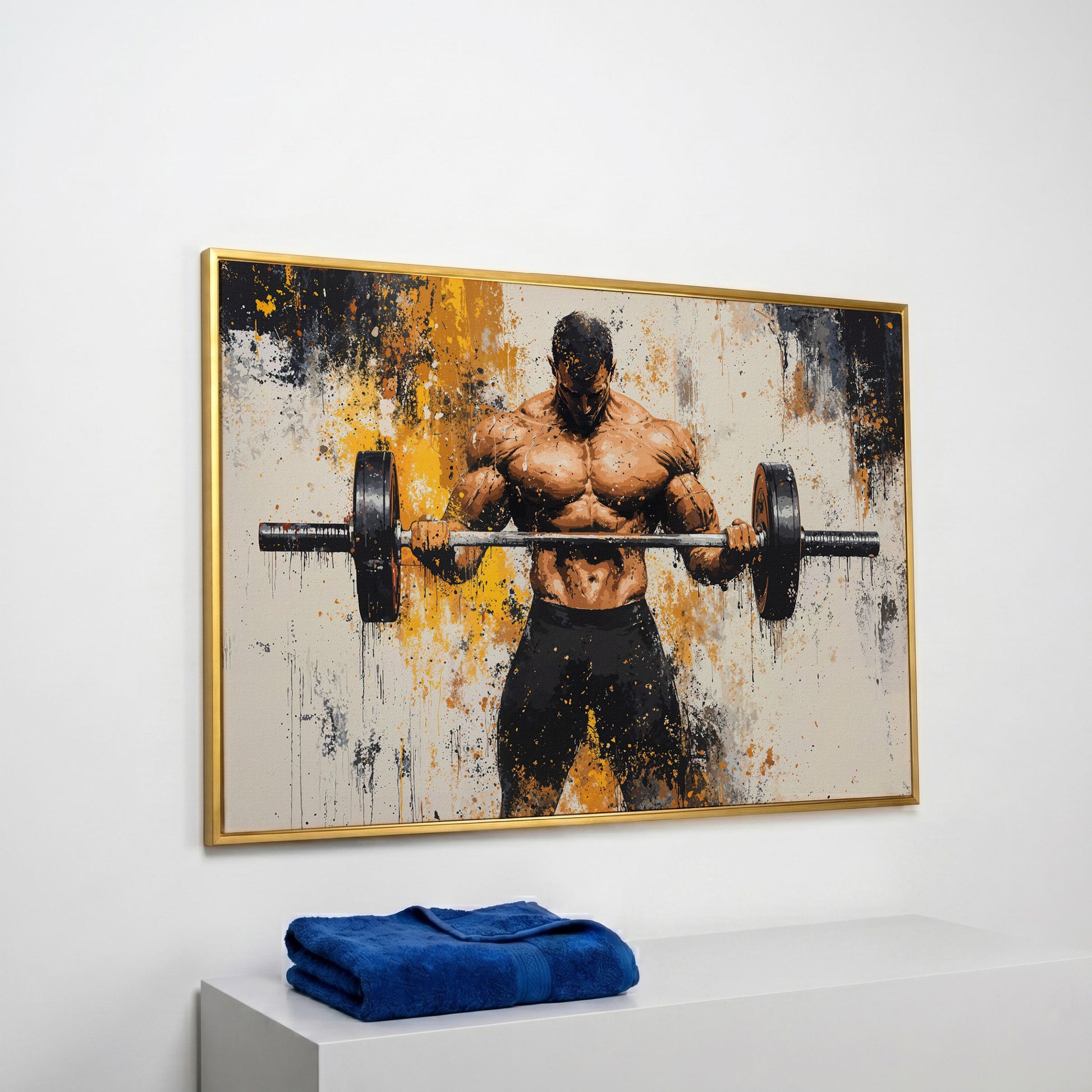 Strongman with Gold Splatter Canvas Print in yellow gold floating frame