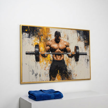 Strongman with Gold Splatter Canvas Print in yellow gold floating frame