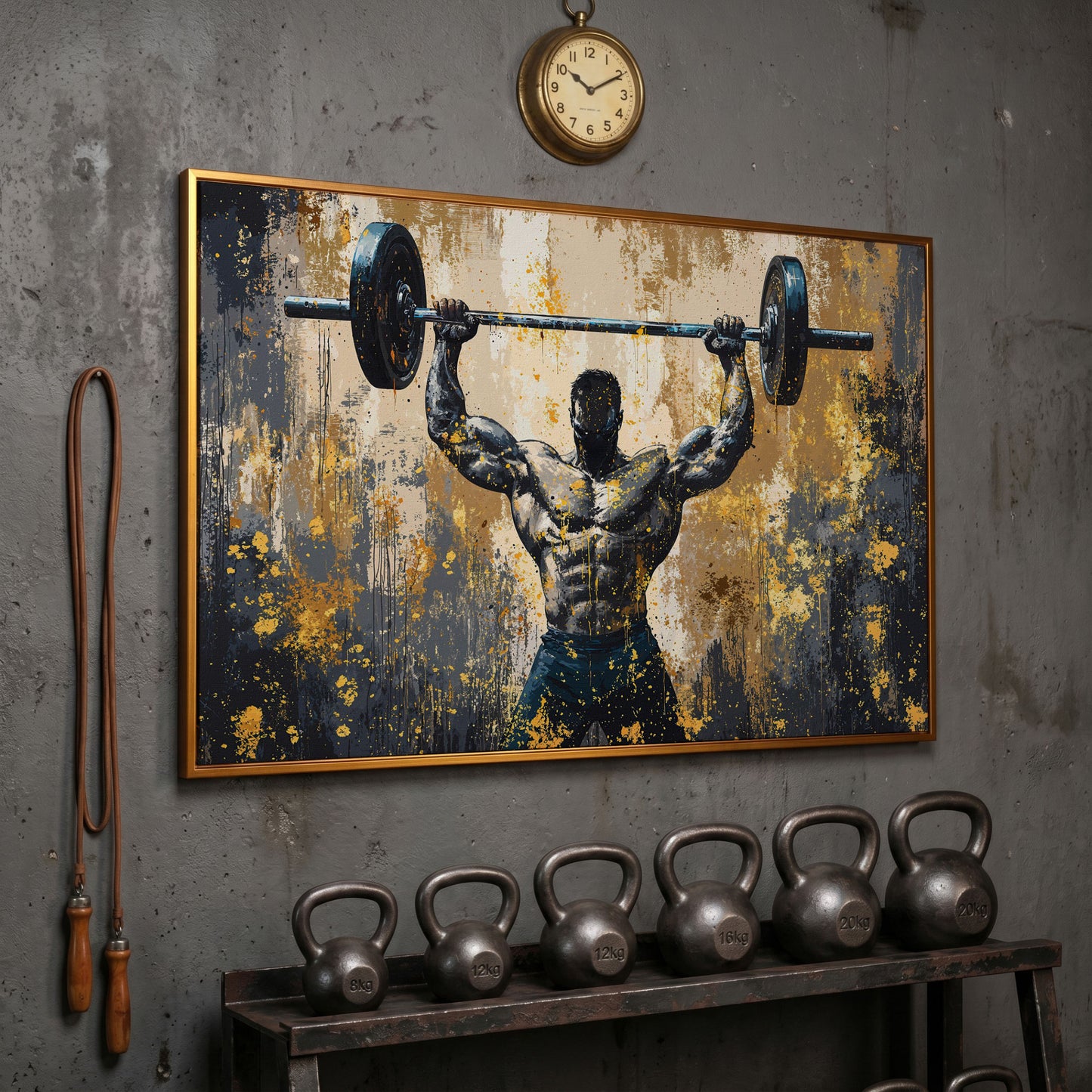 Bodybuilder at Lockout Canvas Print for Home Gyms in antique gold floating frame