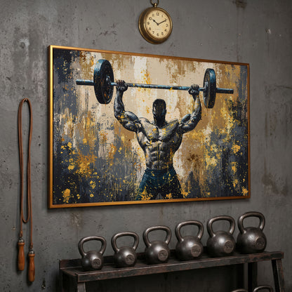 Bodybuilder at Lockout Canvas Print for Home Gyms in antique gold floating frame