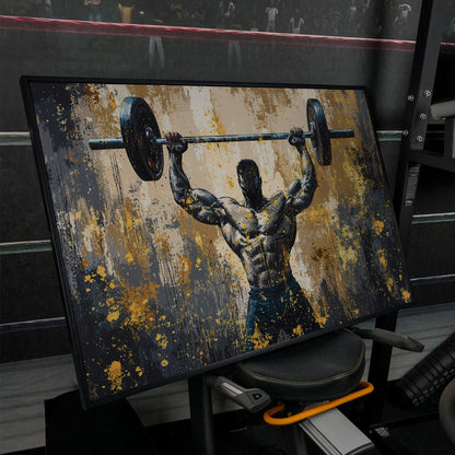 Bodybuilder at Lockout Canvas Print for Home Gyms in black floating frame