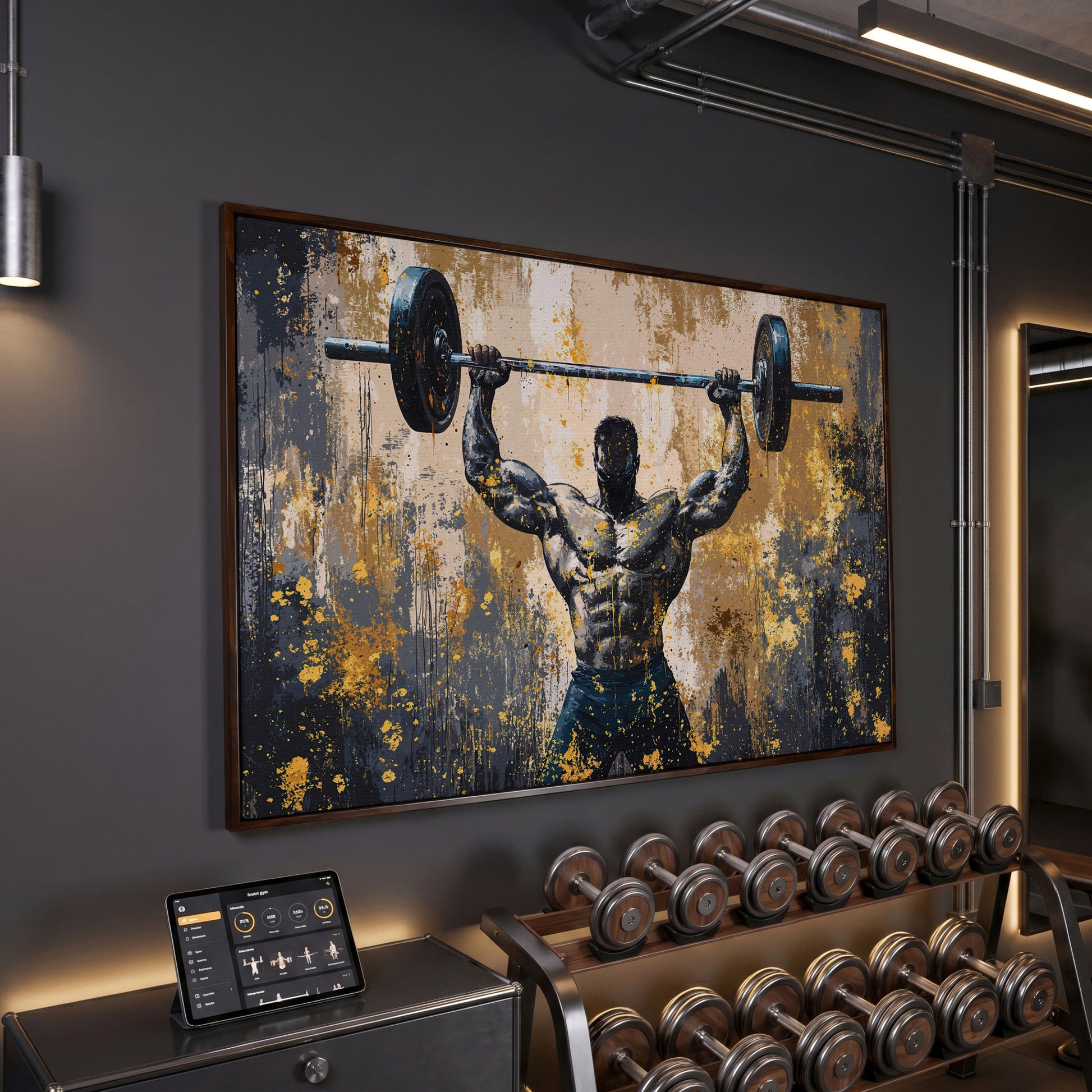 Bodybuilder at Lockout Canvas Print for Home Gyms in dark walnut floating frame
