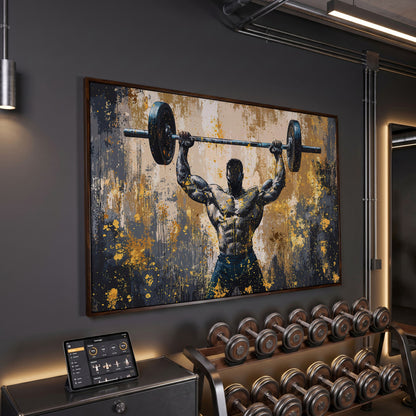 Bodybuilder at Lockout Canvas Print for Home Gyms in dark walnut floating frame