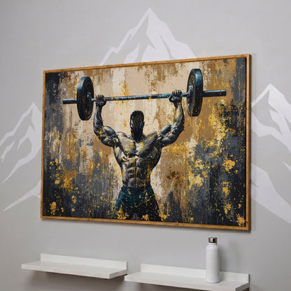Bodybuilder at Lockout Canvas Print for Home Gyms in white oak floating frame