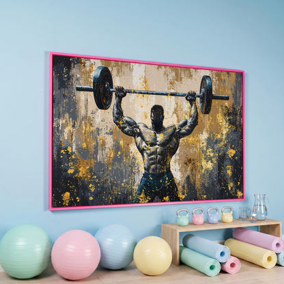 Bodybuilder at Lockout Canvas Print for Home Gyms in pink floating frame