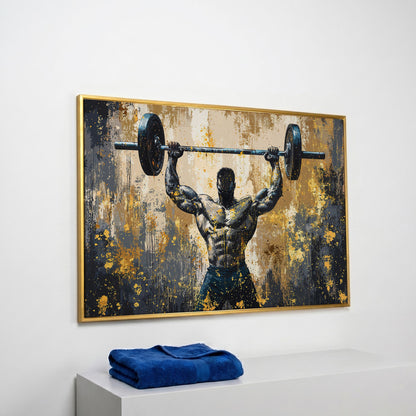 Bodybuilder at Lockout Canvas Print for Home Gyms in yellow gold floating frame