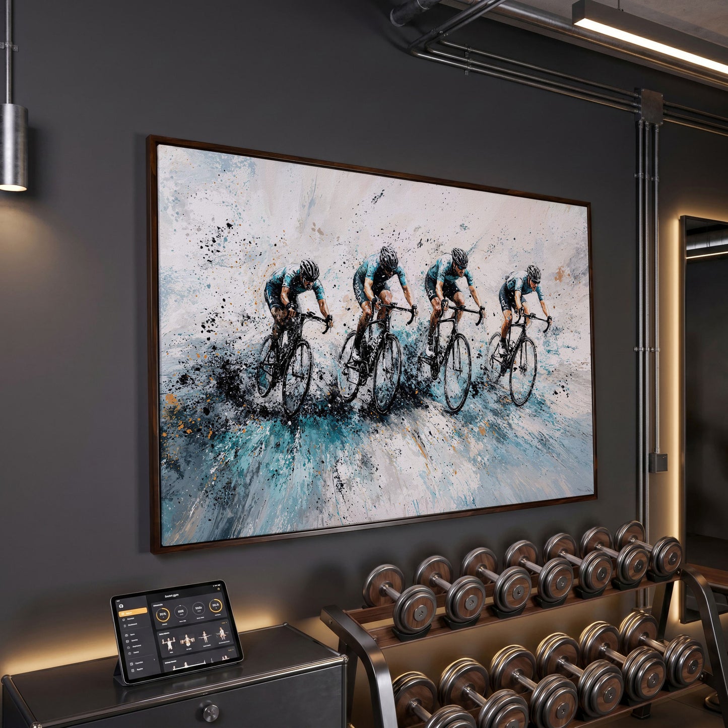 Cycling Team Abstract Canvas in dark walnut floating frame
